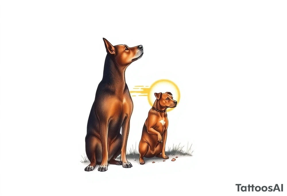a mertle austrailian cattle dog with a tan pitbull standing look out into the sunset tattoo idea