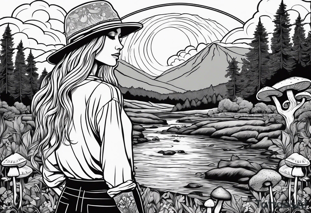 Whole picture encircled fully

Straight long blonde hair hippie girl in distance holding mushrooms in hand facing away toward mountains and creek surrounded by mushrooms long sleeve shirt and hiking pants; whole rendering within a full circle, no cut off circle tattoo idea