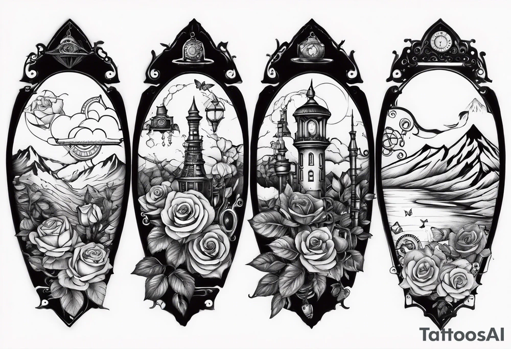Sleeve with steampunk design with roses, butterflies, mechanicals and mountains tattoo idea