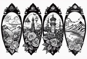 Sleeve with steampunk design with roses, butterflies, mechanicals and mountains tattoo idea