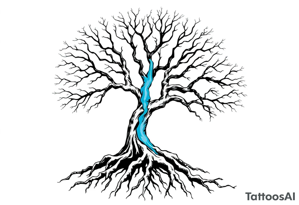Black and white deciduos Tree with roots. Blue water inside the whole tree in many thin veins. flows from the brunches to the roots tattoo idea