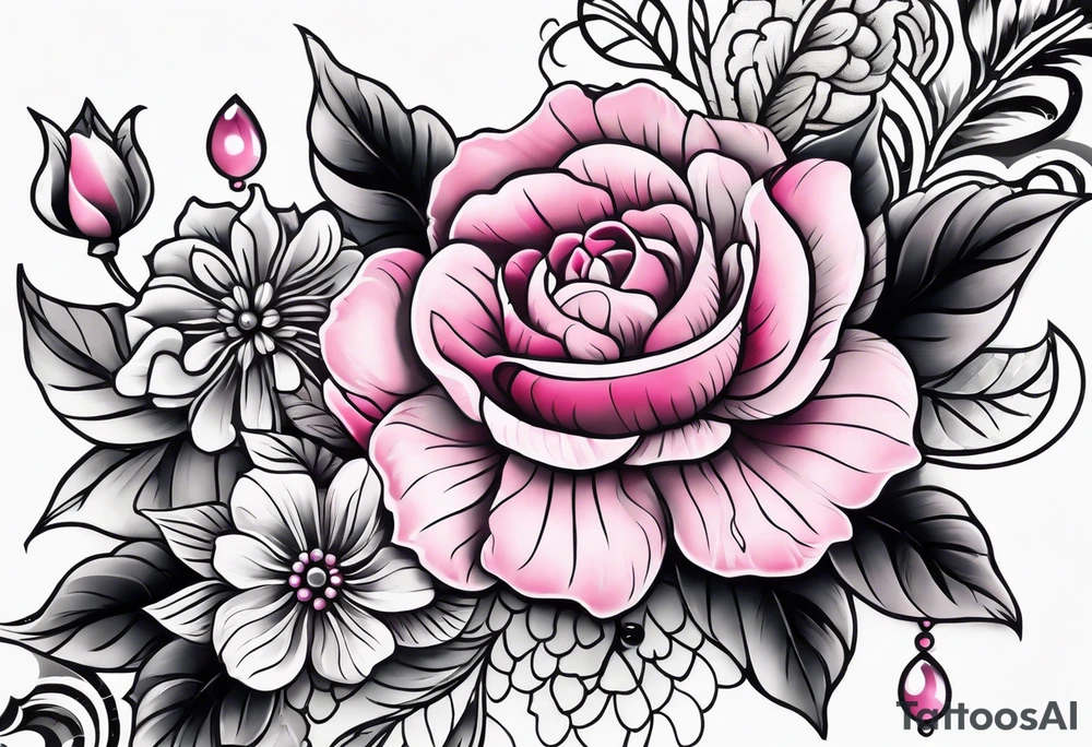 Floral leg piece with beading and lace tattoo idea. monochromatic pinks, old school flowers tattoo idea