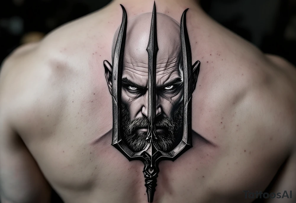 close-up beardless man behind a trident tattoo idea