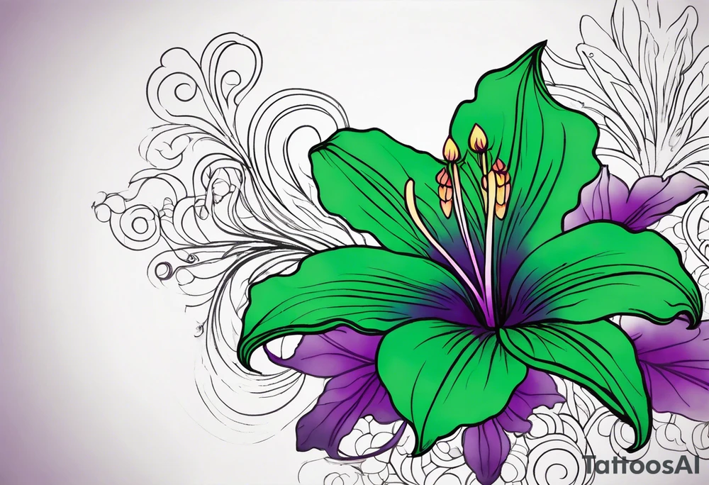 An outline of a green and purple rio dipladenia flower with a mystical green/purple watercolor splash in the background tattoo idea