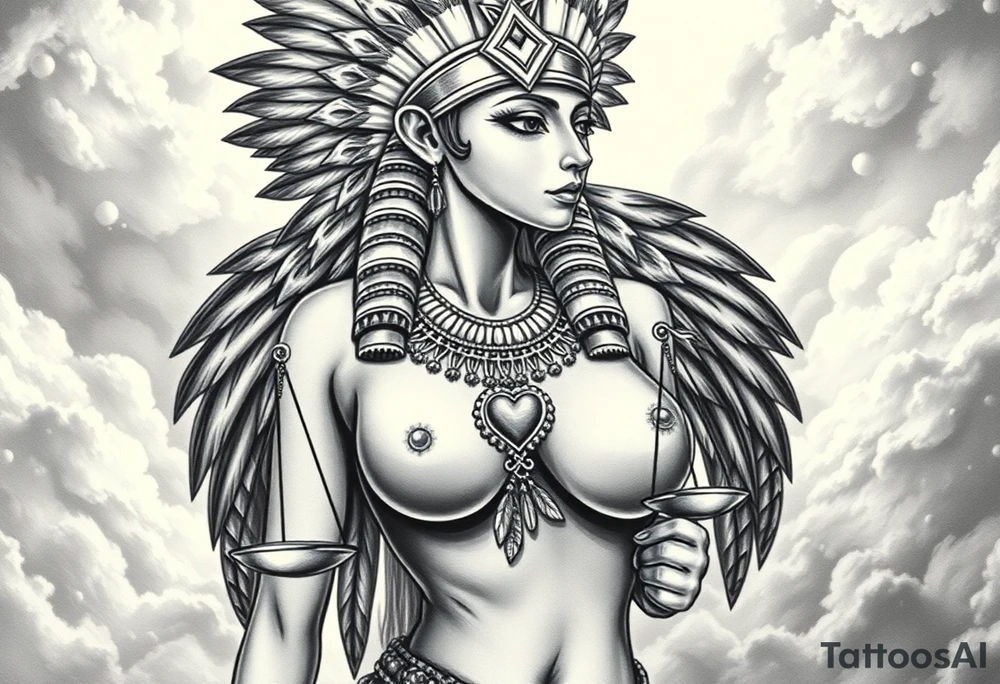 Beautiful Egyptian goddess with a curvy sexy body and breasts. She is wearing an ostrich feather headdress, and intricate ancient Egyptian jewelry the Anhk necklace. Background includes something similar to heaven. Incorporate the Scales of Justice—one side holding a heart, the other Ma’at’s feather—glowing with ethereal energy. Emphasize dramatic lighting, deep shadows, and surreal, mystical atmosphere tattoo idea