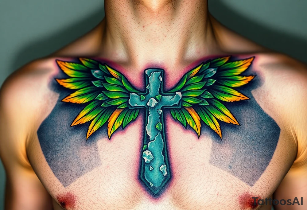 A moss-covered stone cross, with soft green and gold wings resembling leaves in autumn tattoo idea