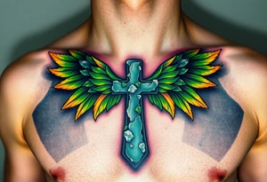 A moss-covered stone cross, with soft green and gold wings resembling leaves in autumn tattoo idea