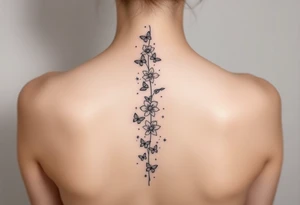 Flowers vertically down the spine surrounded by small butterflies and sparkles tattoo idea