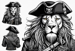 Pirate lion wearing jacket, sword and pistol, nautical steampunk theme. dreadlocks. pirate vessel tattoo idea