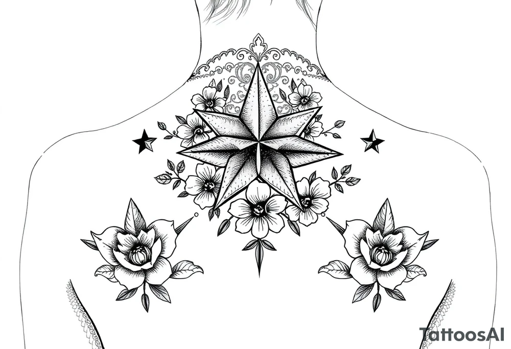 Stars with flowers and lace background tattoo idea