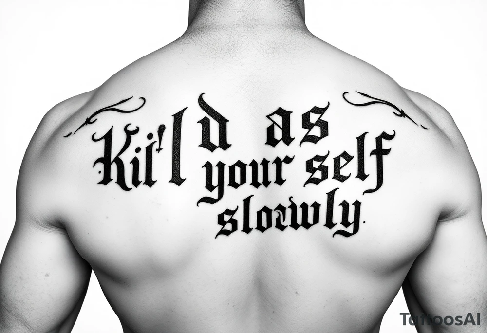 Bad ass old English lettering that says  “kill your self slowly” outline black and white tattoo idea
