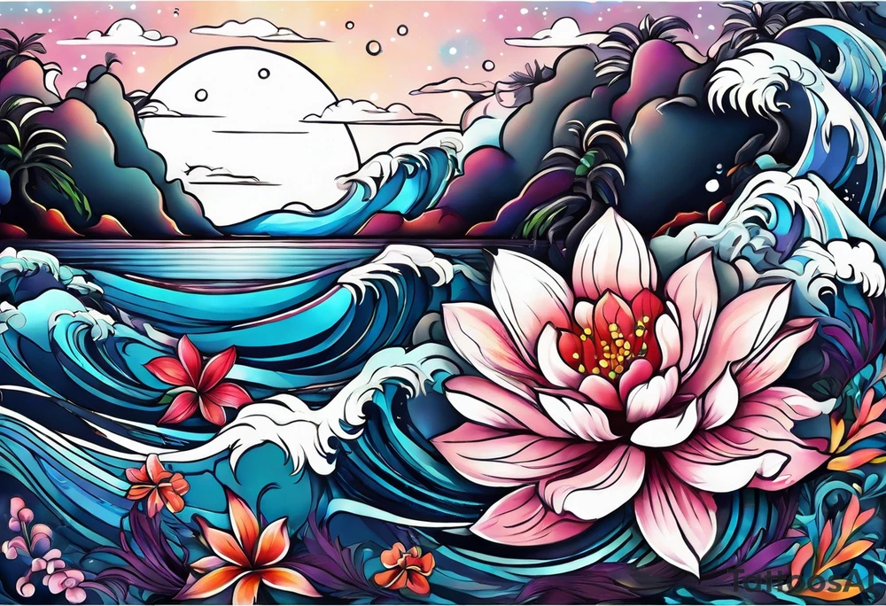 sea,, night, flower, palm, tattoo idea