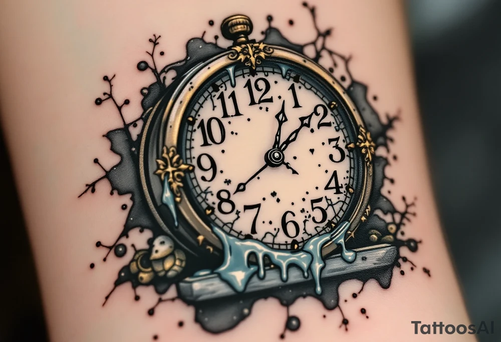 Tim Burton’s melting clock drips over a cracked windowsill, with distorted numbers in antique gold and shadowy gray. tattoo idea