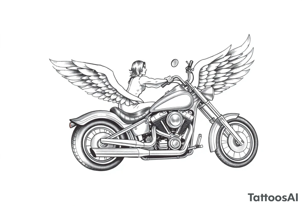 Low rider grey motorcycle, big muffler pipes with flames, angel wings, driving away, no person tattoo idea