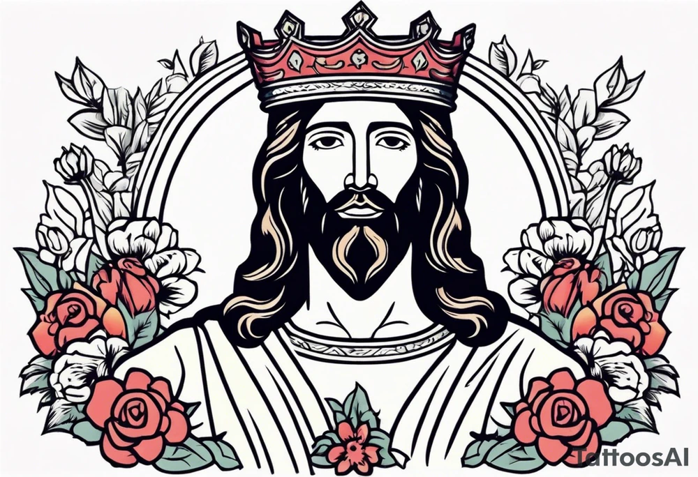 jesus with crown

old school vintage simple traditional design with vintage flowers surrounding
bold color simple tattoo idea