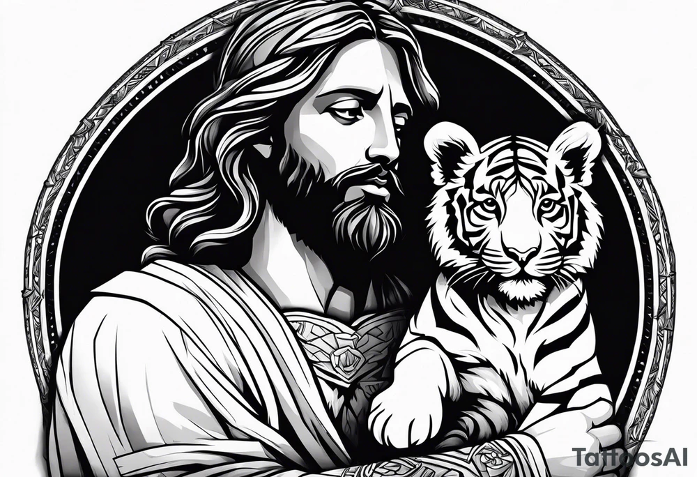 Jesus on a cross with a tiger cub walking in front tattoo idea
