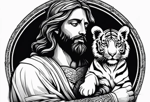 Jesus on a cross with a tiger cub walking in front tattoo idea