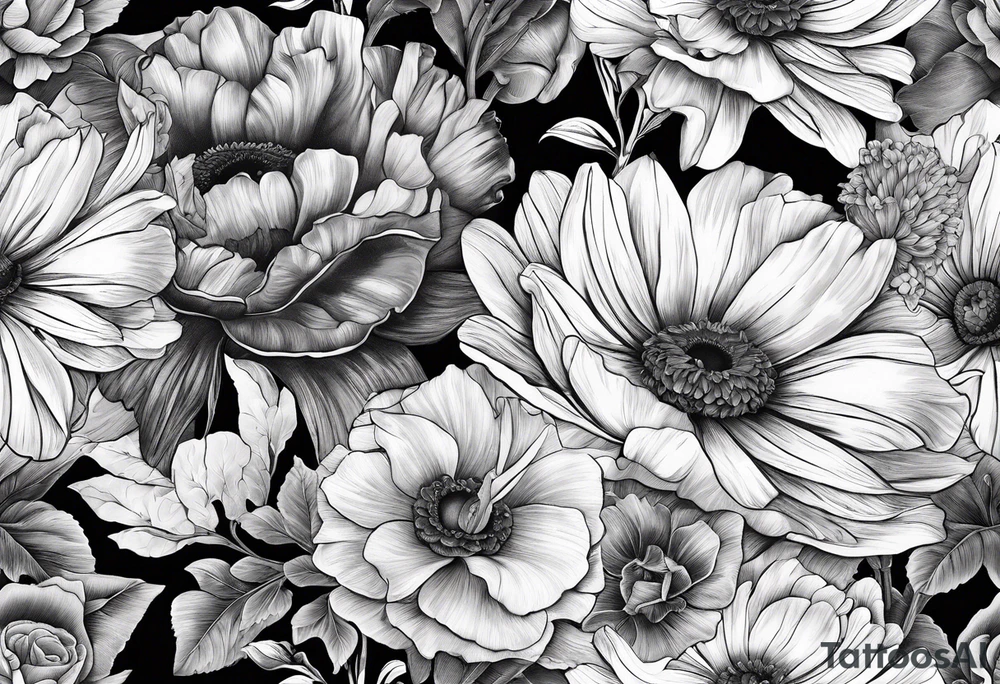 A sleeve of a single daisy and a rose with poppies and gladiolus flowers weaving through the daisy and rose tattoo idea
