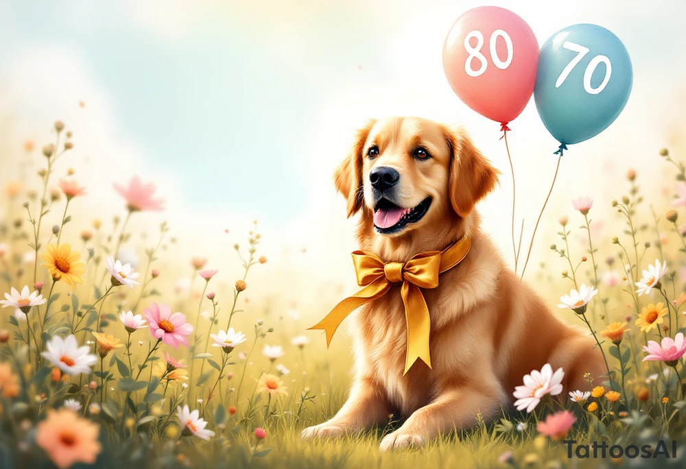 Imagine a golden retriever sitting in the middle of a blooming meadow, surrounded by soft sunlight and pastel-colored flowers. The dog has a large golden ribbon tied around its neck and cheerful balloons floating beside it, with the numbers "80" and "70" clearly displayed. Its expression is joyful and full of warmth. Above the scene, in elegant handwriting, a message reads:
“The entire Albi team warmly congratulates you on your life’s milestone!”
The overall style is soft, watercolor-inspired, perfect for a heartfelt greeting card filled with gentleness and gratitude. tattoo idea