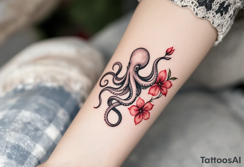 A small realistic black and grey tattoo of an octopus, cute, with detailed shading and soft linework, showing the octopus with swirling tentacles, on light skin. ornamental flowers around with red ink. The style is minimalistic and elegant, resembling fine-line tattoo with a shadow tattoo idea