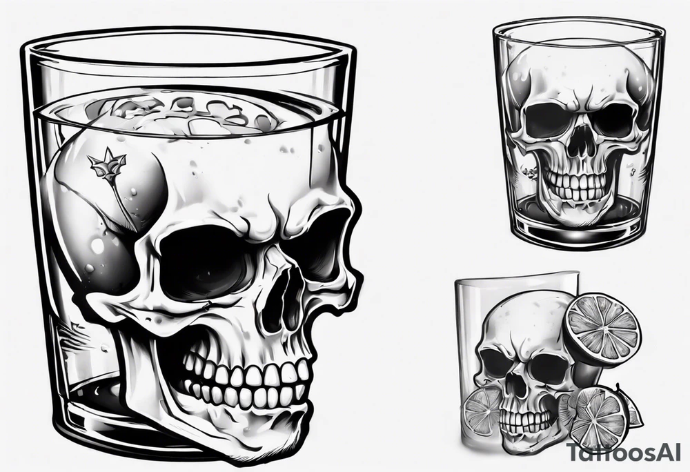 A smiling looking to the left scull inside the glass with alcohol and piece of lime tattoo idea