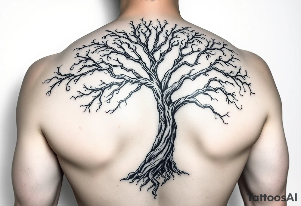 Flowing asymmetrical symbolic tree quarter sleeve. Should not look realistic. Combination of tree of Gondor and Yggdrasil. tattoo idea