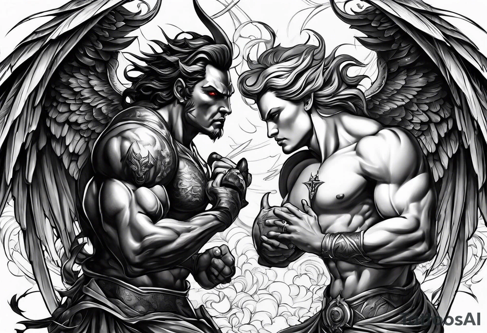 Create a dynamic tattoo of an angel and a demon engaged in a fierce battle, symbolizing the eternal struggle between good and evil within oneself. tattoo idea