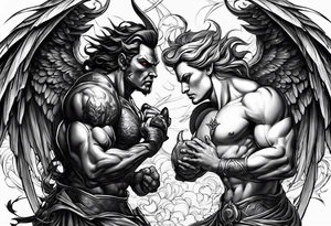 Create a dynamic tattoo of an angel and a demon engaged in a fierce battle, symbolizing the eternal struggle between good and evil within oneself. tattoo idea