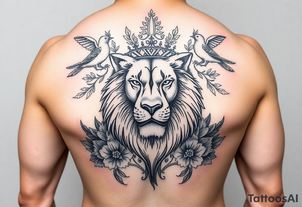 powerful majestic lion with a crown, surrounded by floral ornaments and birds tattoo idea