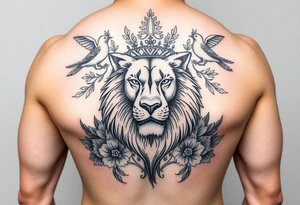 powerful majestic lion with a crown, surrounded by floral ornaments and birds tattoo idea