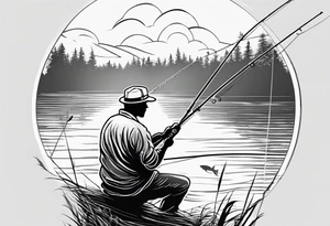 a man fishing with a fishing rod. simple outline tattoo idea