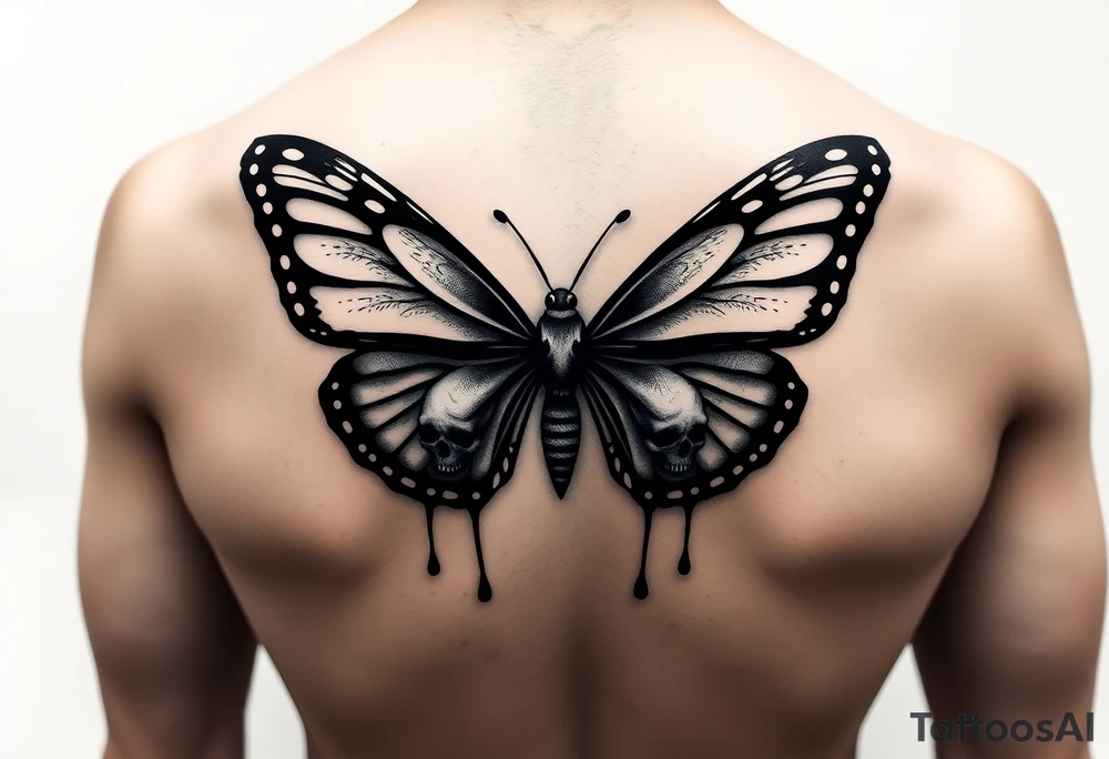powerful majestic and dark monarch butterfly with skull detail in the wings
hidden skulls in wings, with a dripping effect tattoo idea