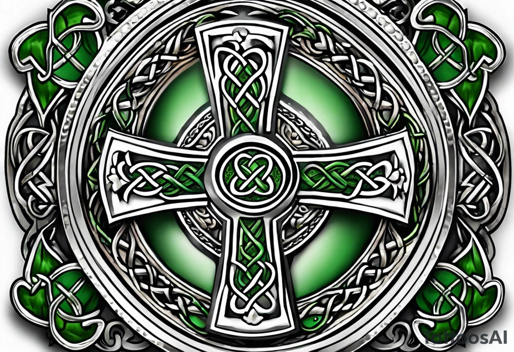 Celtic cross shamrocks in center one feather hanging from each side of cross tattoo idea