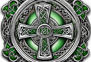 Celtic cross shamrocks in center one feather hanging from each side of cross tattoo idea