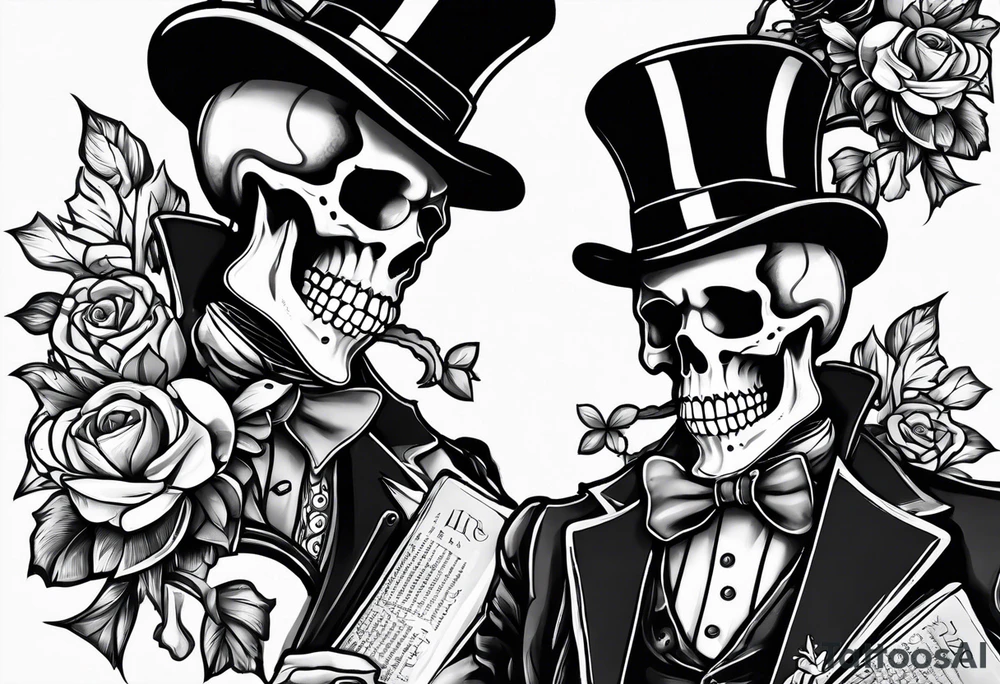 skeleton wearing a top hat holding a bible tattoo idea