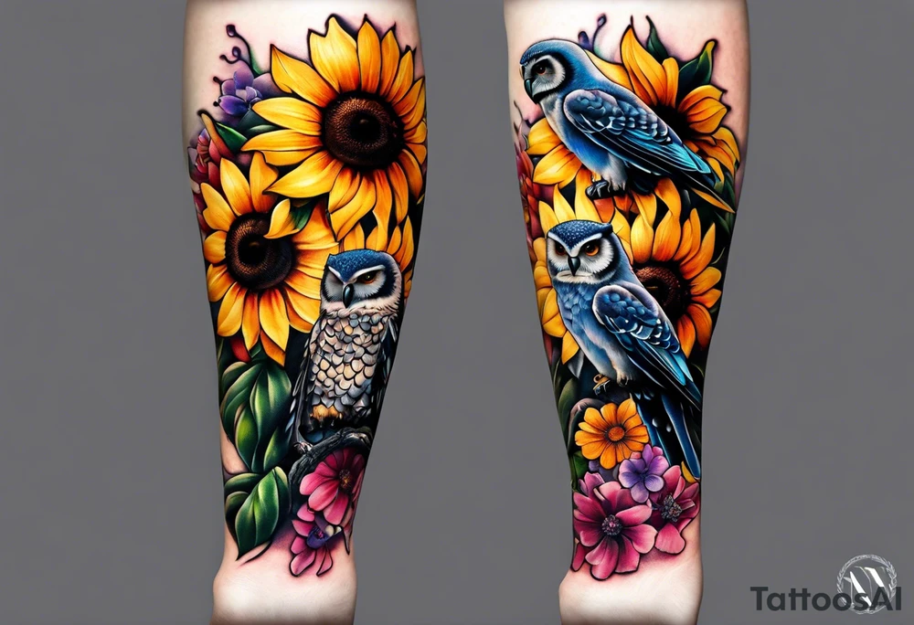 A lower forearm sleeve full colour coming down from a bicep with flowers joined with honeycombs, Mandela flowers, sunflowers, humming bird, and owl.  Sweet pea and honey suckle flowers. tattoo idea