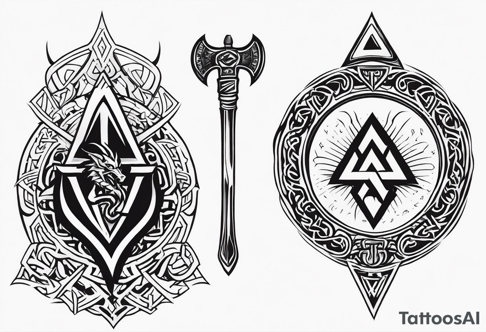Valhalla sword shield dragon axe Valknut tattoo idea