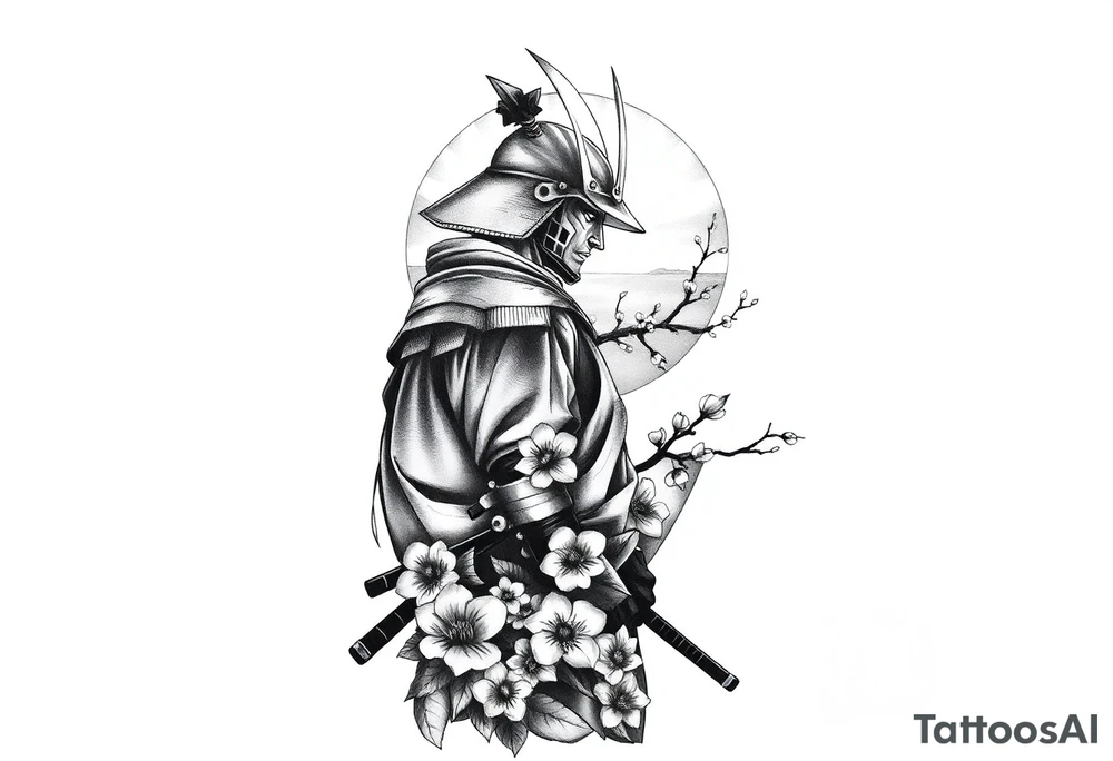 noble samurai warrior silhouette at sunset with cherry blossoms tattoo idea