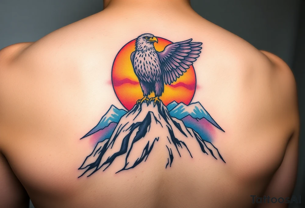 A proud eagle perched on a rugged mountain peak, with a breathtaking sunset behind it, blending fiery oranges, purples, and blues tattoo idea