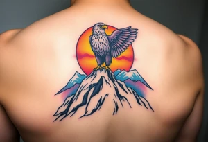 A proud eagle perched on a rugged mountain peak, with a breathtaking sunset behind it, blending fiery oranges, purples, and blues tattoo idea