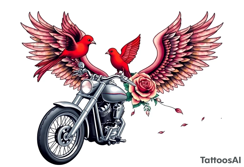 Harley grey motorcycle driving away, two red birds flying, roses, flames, angel wings tattoo idea