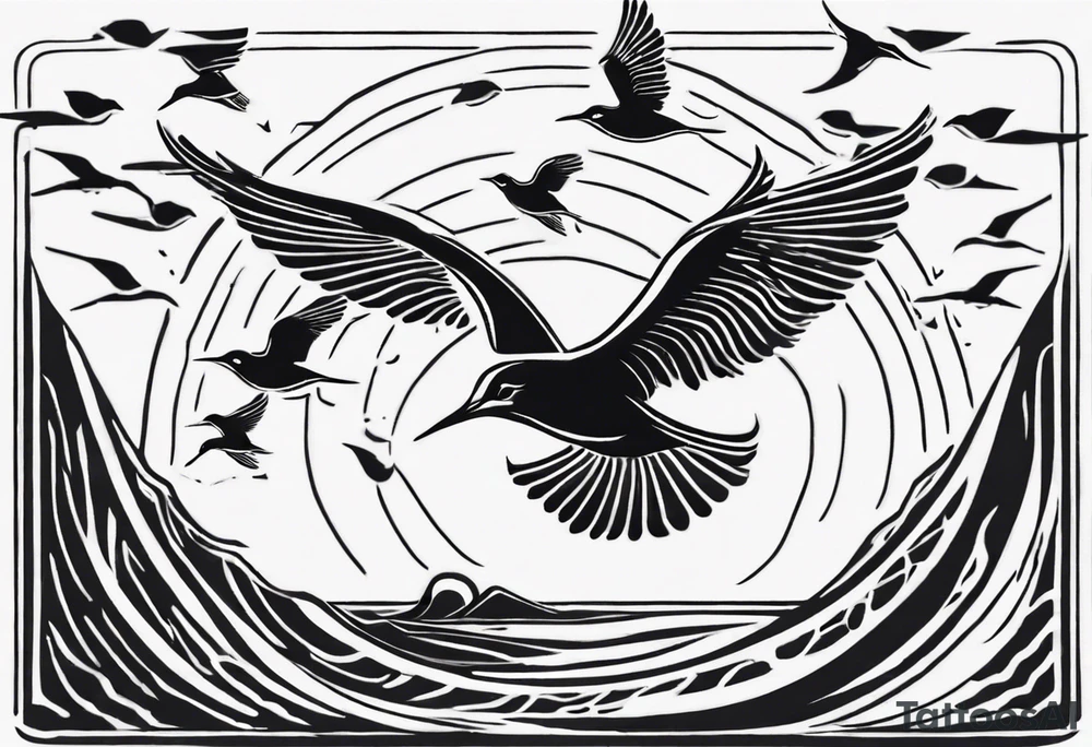 Sun over the sea with birds flying in a rectangle tattoo idea Sun over the sea with birds flying in a rectangle tattoo idea
