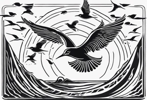 Sun over the sea with birds flying in a rectangle tattoo idea