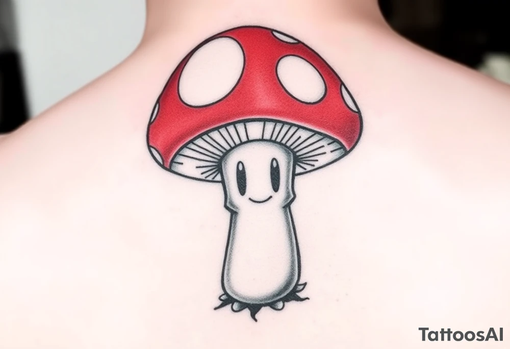 A POWERFUL AND UNIQUE MUSHROOM.. THE MUSHROOM IS PSYCHADELLIC AND GROVING A HAPPY FACE. THE MUSHROOM HAS A SIMPLE SMILING HAPPY FACE IN THE STEM. THE CAP IS LARGE AND RESEMBLES TOAD FROM MARIO. THE CAP OF THE MUSHROOM IS RED. THERE ARE WHITE SPOTS ON THE CAP OF THE MUSHROOM. THE WHITE SPOTS ON THE CAP OF THE MUSHROOM SPELL THE WORD LYLA. tattoo idea