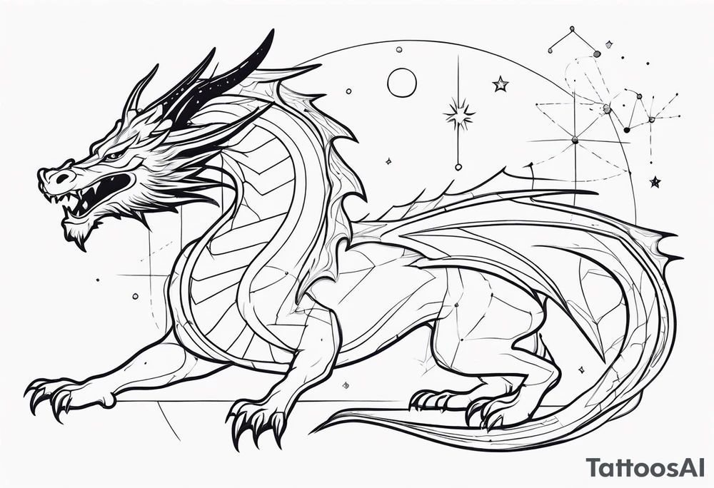 A giant dragon with thin lines on the background of the constellation elegant tattoo idea