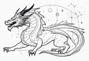 A giant dragon with thin lines on the background of the constellation elegant tattoo idea