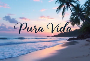 Elegant black “Pura Vida” with a faded pastel beach sunset in the background—peach, lilac, and baby blue. tattoo idea