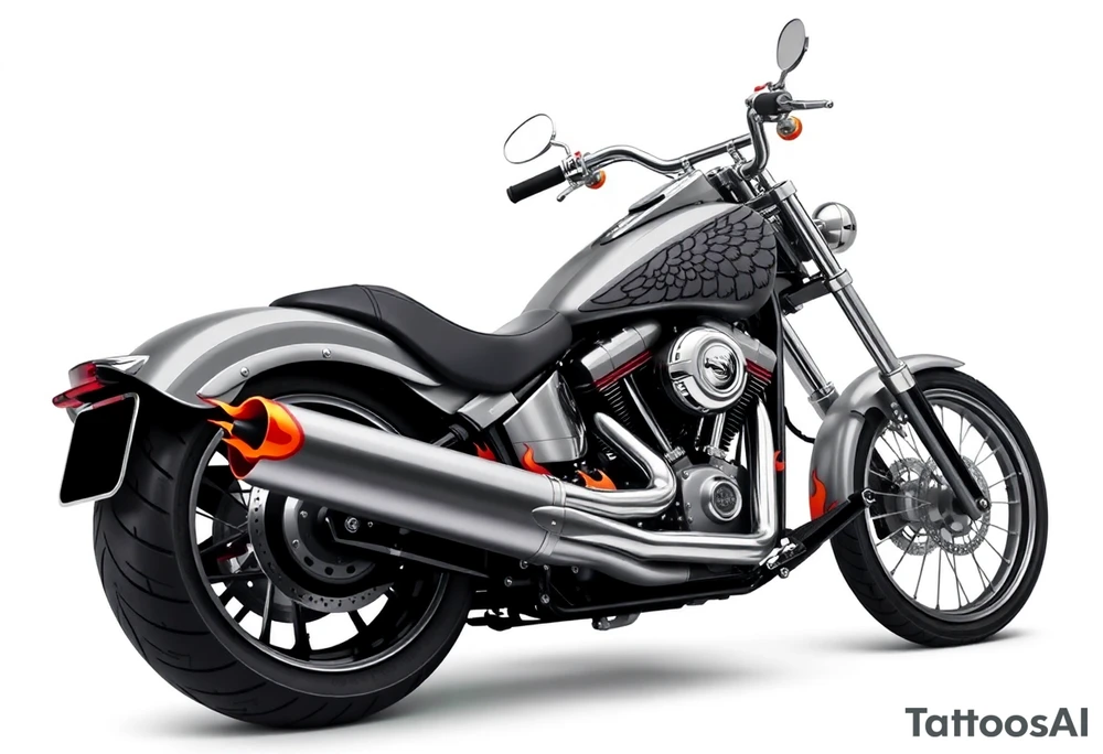 Low rider grey motorcycle, big muffler pipes with flames, angel wings tattoo idea