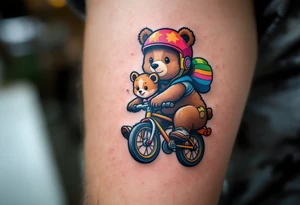 A bear and girly looking cub riding a bike together, drawn in simple round shapes with brown fur and colorful helmets. tattoo idea