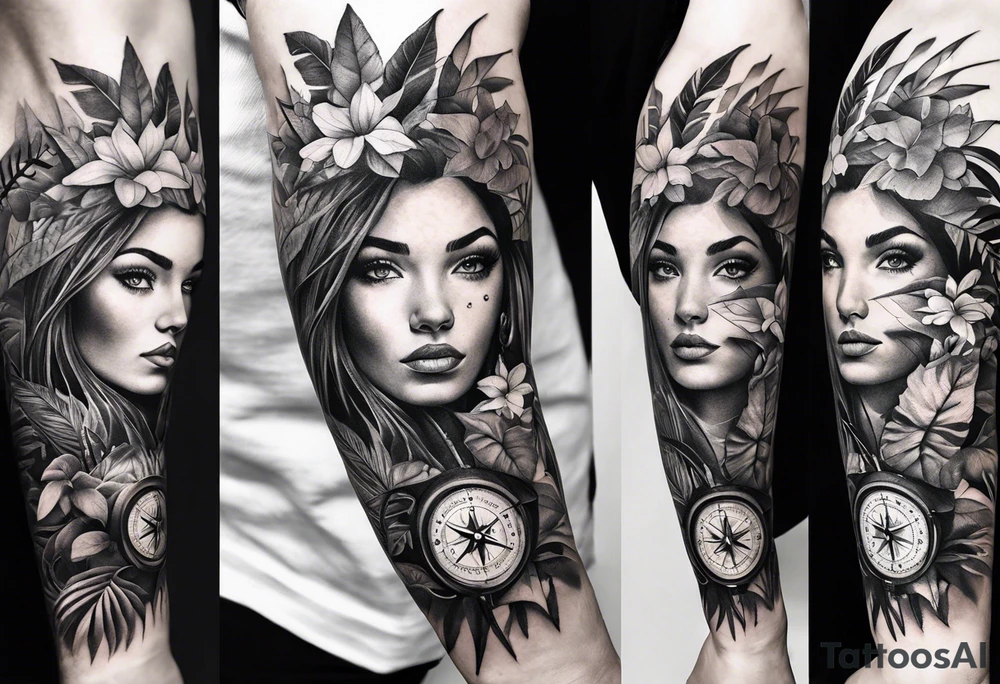 sleeve tattoo with jungle plants, eye compass tattoo idea